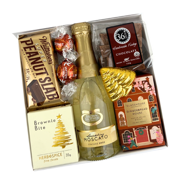 Golden treats Christmas gift box filled with Glass house fragrance ginger bread house candle | Wine and sweet treats gift box | Delivery NZ Wide | Celebration Box NZ