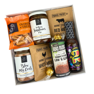 BBQ Seasonings Gift Box with Gourmet Gift Box Grocery Company Paddock to Pantry Karaka, NZ. Delivery NZ Wide with Celebration Box.