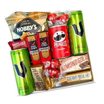 Assorted snack and candy gift set including Pringles, Nobby's, and Jack Link's on a white background