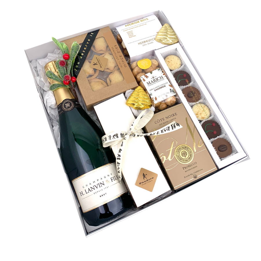 Cote Noire, Devonport Chocolate and Champagne Christmas Festive Season Gift Box with Celebration Box and The Wild Rose. Delivery NZ Wide and Auckland Same Day.