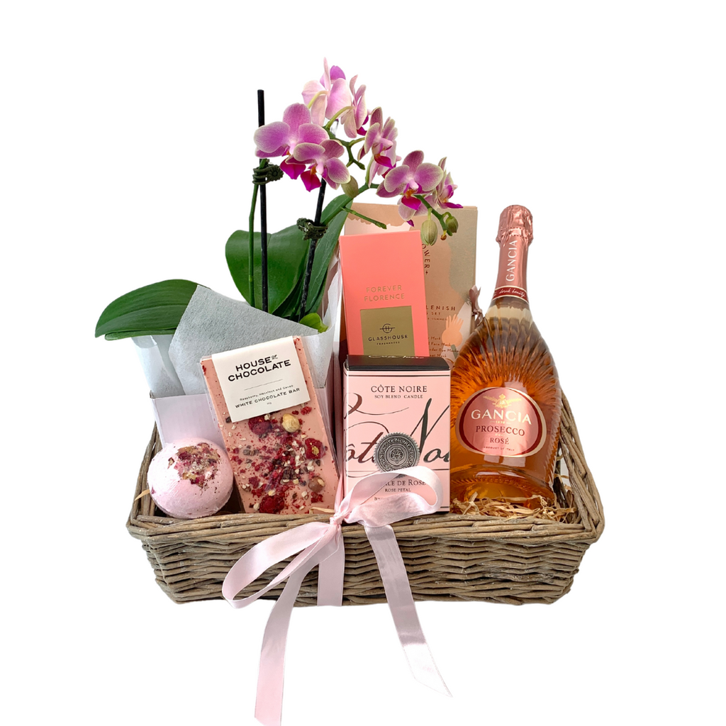 Lush Peach Gift basket for Auckland Wide Delivery. Valentine's Day Gift Hamper with Celebration Box and The Wild Rose 