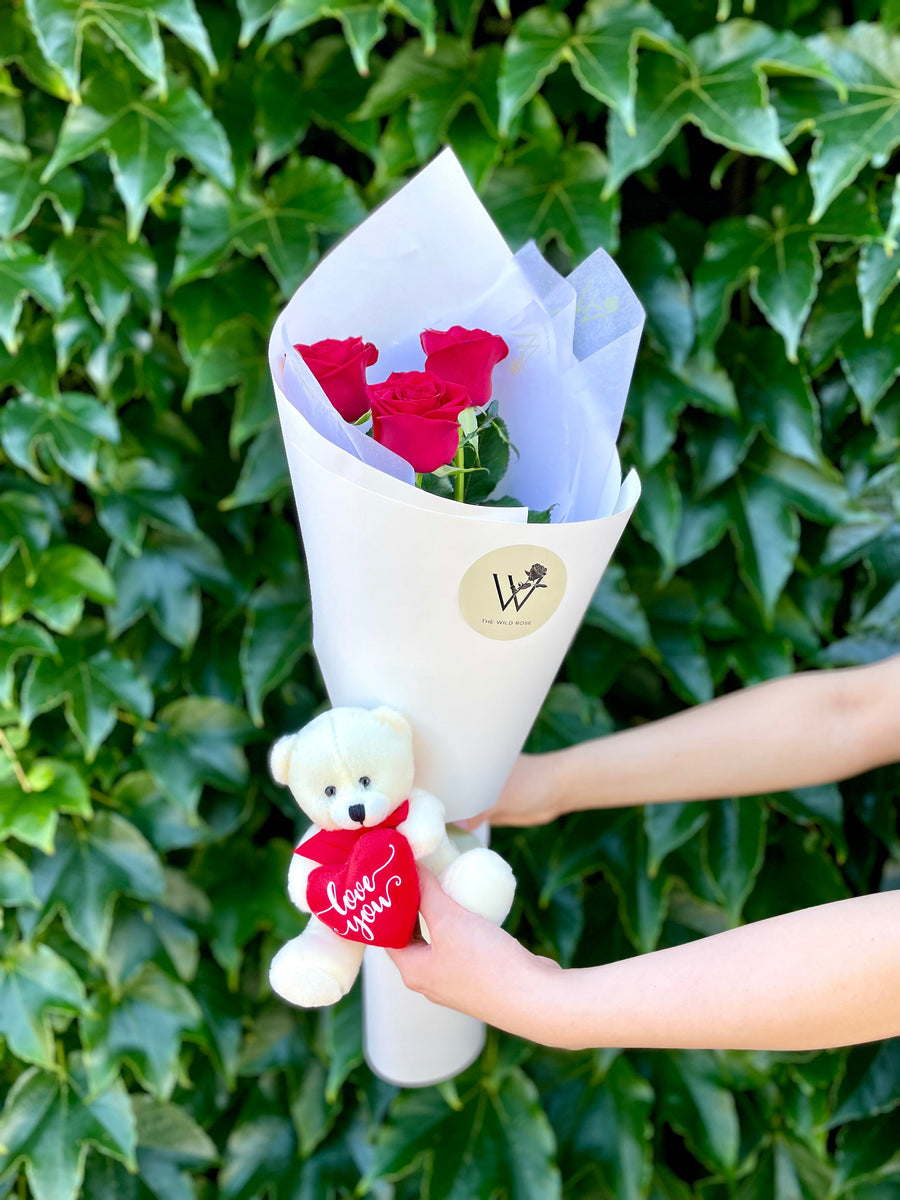 Valentine's Day Cute Gifts with Celebration Box and The Wild Rose NZ. Roses and Teddy Bear Bouquet.