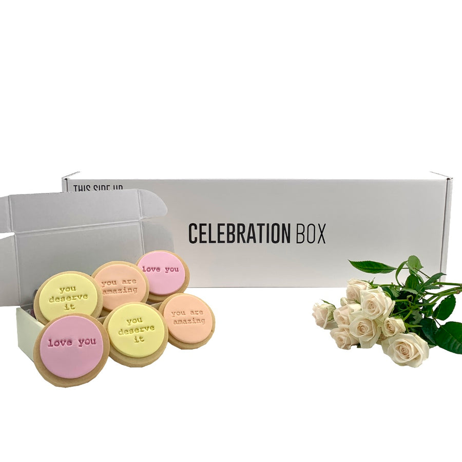 Celebration Box and The Wild Rose Flower Gift Boxes and Personalised Cookies. Delivery NZ Wide