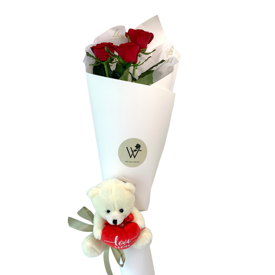 Valentine's Day Cute Gifts with Celebration Box and The Wild Rose NZ. Roses and Teddy Bear Bouquet.